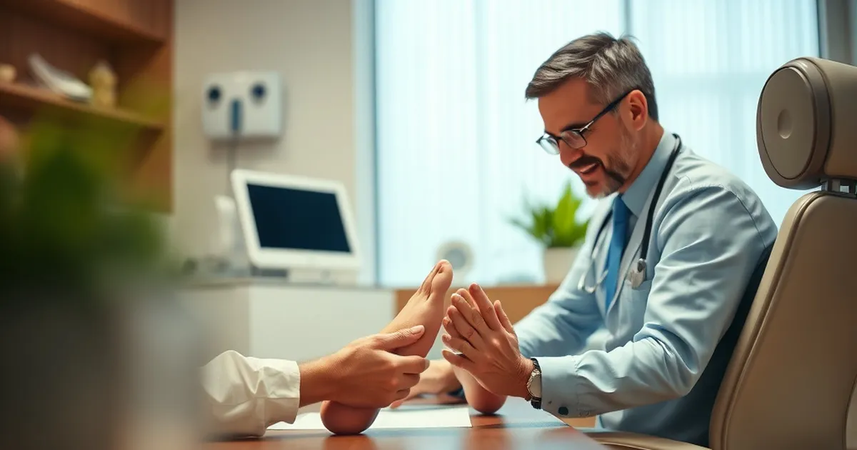 Podólogo examinando los pies de un paciente en una clínica moderna.