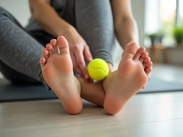 Persona haciendo estiramientos de pies y usando una pelota de tenis.