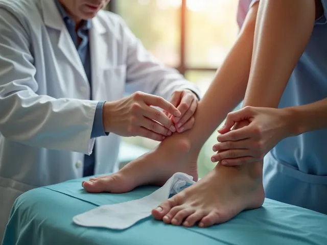 Podólogo examinando los pies de un paciente en un entorno clínico.